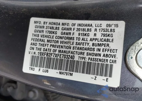 2015 Honda Civic Se z USA, uszkodzony, nr VIN 19XFB2F7XFE703240